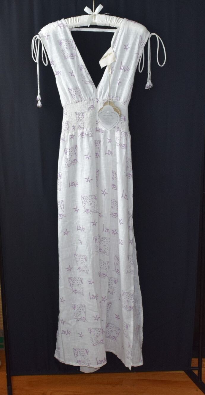 Z & L Lilac Cheetah Print Maxi Dress White Purple V-Neck Boho Summer Beach Dress